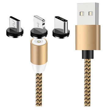 3-1:ssä LED-magneettikaapeli - Lightning, USB-C, MicroUSB - 1m - Kulta
